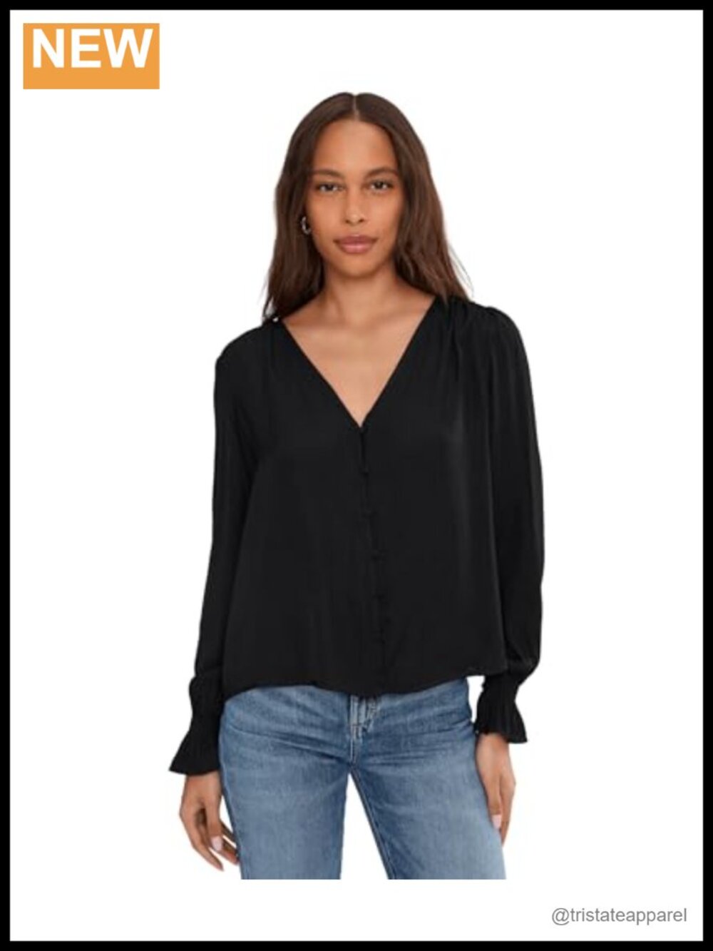 Long Sleeve Button Front Woven Blouse with Smocking, V-Neck